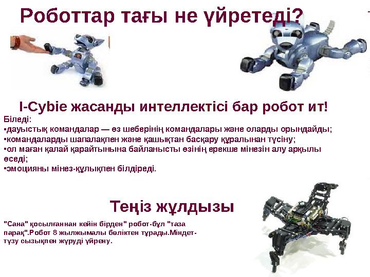 I-Cybie жасанды интеллектісі бар робот ит! Біледі: •дауыстық командалар — өз шеберінің командалары және оларды орындайды; •коман