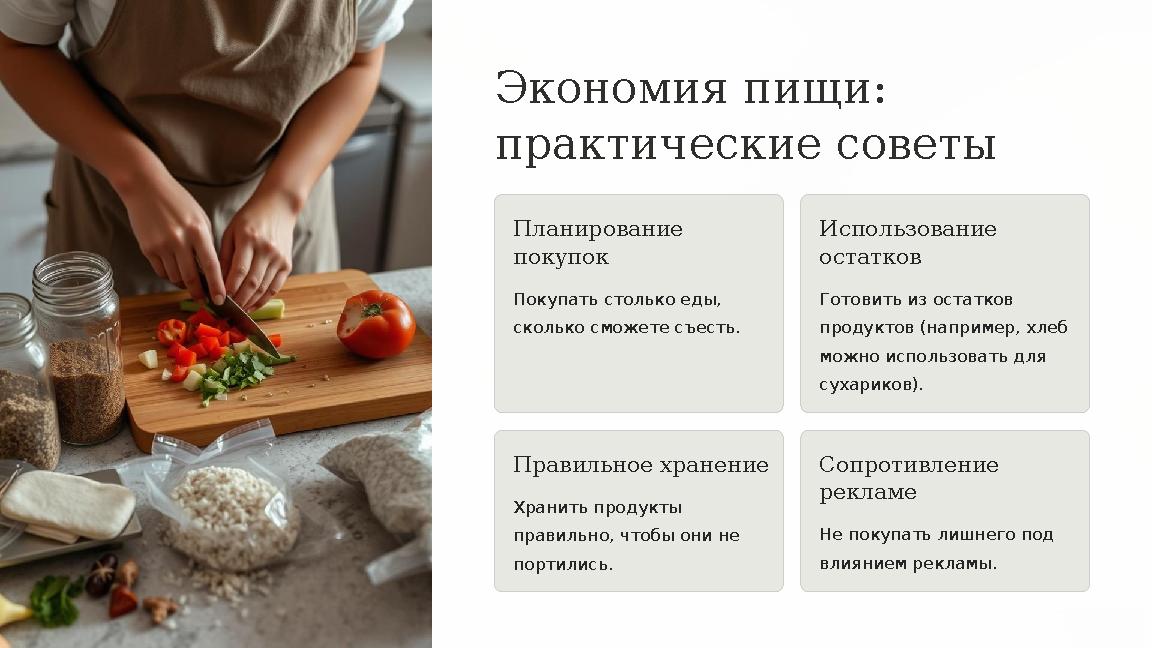 Экономия пищи: практические советы Планирование покупок Покупать столько еды, сколько сможете съесть. Использование остатко