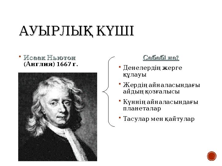 АУЫРЛЫҚКҮШІ АУЫРЛЫҚКҮШІ  ИсаакНьютон ИсаакНьютон ( ) 1667 . Англия г ? Себебіне ? Себебіне  Денелердіңжерге құлау