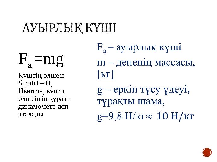 F a =mg Күштің өлшем бірлігі – Н, Ньютон, күшті өлшейтін құрал – динамометр деп аталады