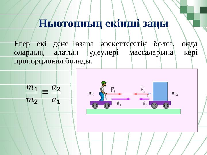 Ньютонның екінші заңы Егер екі дене өзара әрекеттесетін болса, онда олардың алатын үдеулері массаларына кері пропорционал бола