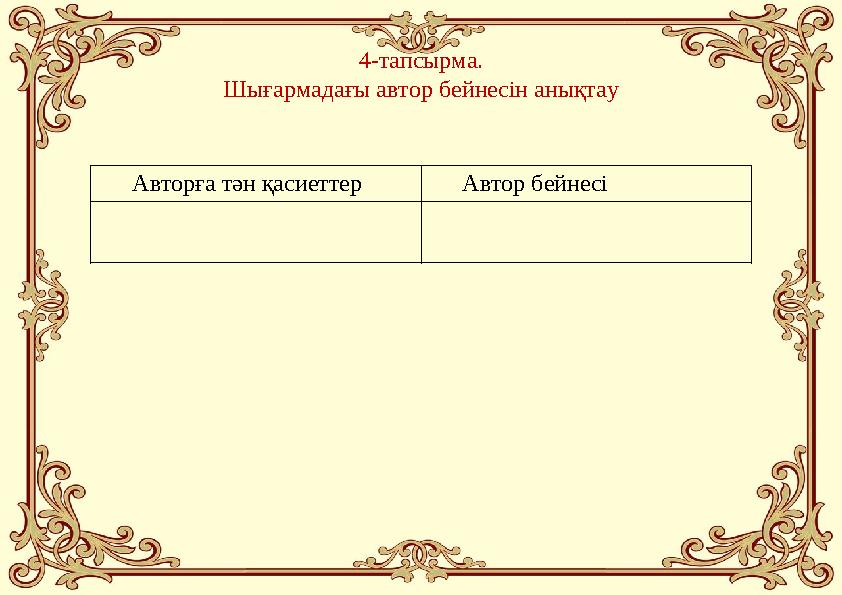 4-тапсырма. Шығармадағы автор бейнесін анықтау Авторға тән қасиеттер Автор бейнесі