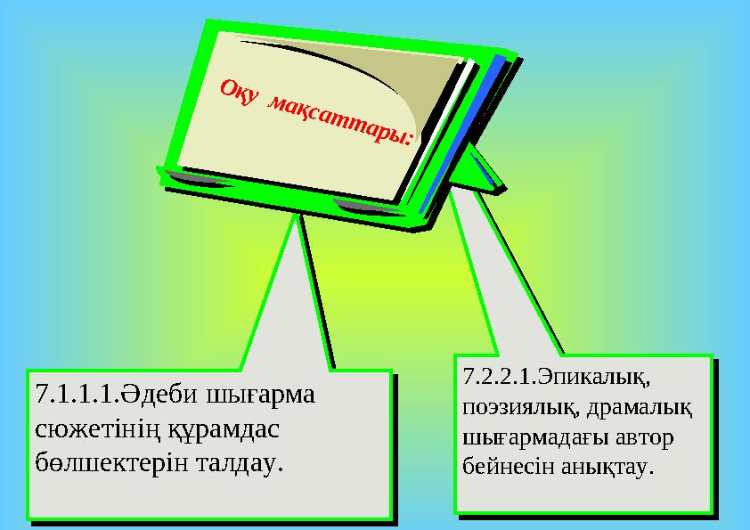 7.1.1.1.Әдеби шығарма сюжетінің құрамдас бөлшектерін талдау. 7.1.1.1.Әдеби шығарма сюжетінің құрамдас бөлшектерін талдау. 7.