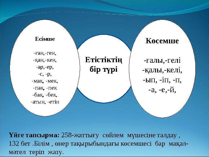 Етістіктің бір түрі Көсемше -ғалы,-гелі -қалы,-келі, -ып, -іп, -п, -а, -е,-й, Есімше -ған,-ген, -қан,-кен, -ар,-ер, -с, -р, -