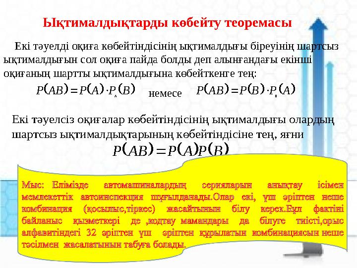 Ықтималдықтарды көбейту теоремасы Екі тәуелді оқиға көбейтіндісінің ықтималдығы біреуінің шартсыз ықтималдығын сол оқиға па