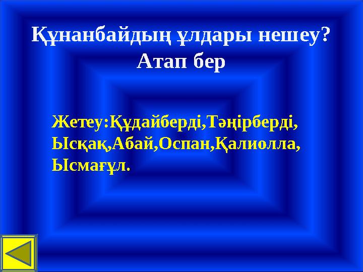 Құнанбайдың ұлдары нешеу? Атап бер Жетеу:Құдайберді,Тәңірберді, Ысқақ,Абай,Оспан,Қалиолла, Ысмағұл.