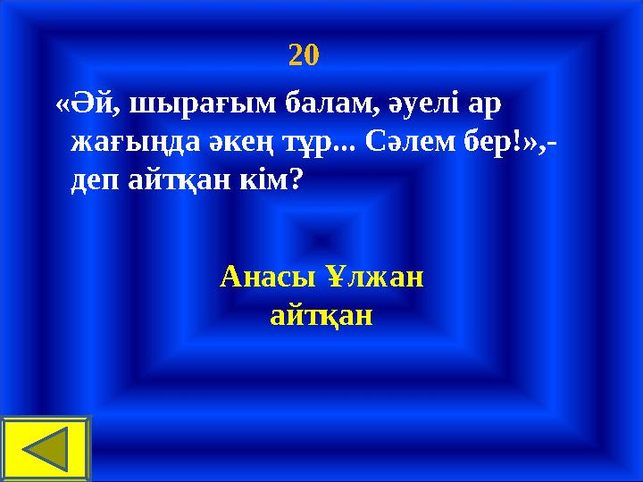 20 «Әй, шырағым балам, әуелі ар жағыңда әкең тұр... Сәлем бер!»,- деп айтқан кім? Анасы Ұлжан а