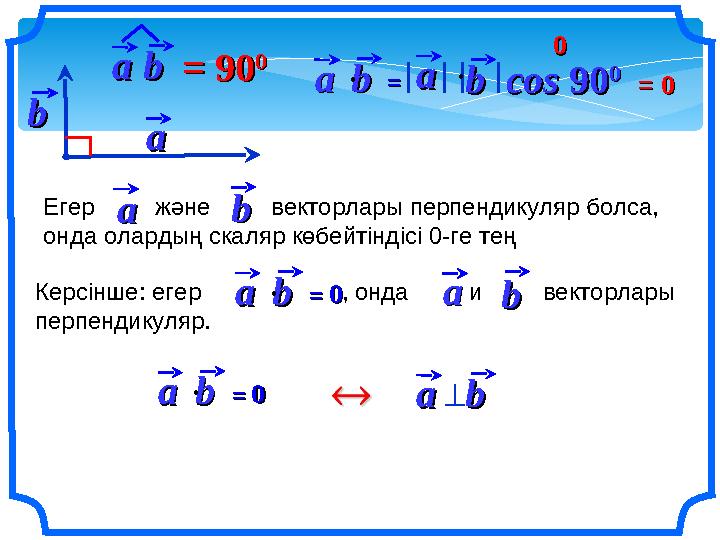 aabb ==aabb cos cos 9090 00 aa bb = 0 = 0 0 0 Егер және векторлары перпендикуляр болса, онда олардың