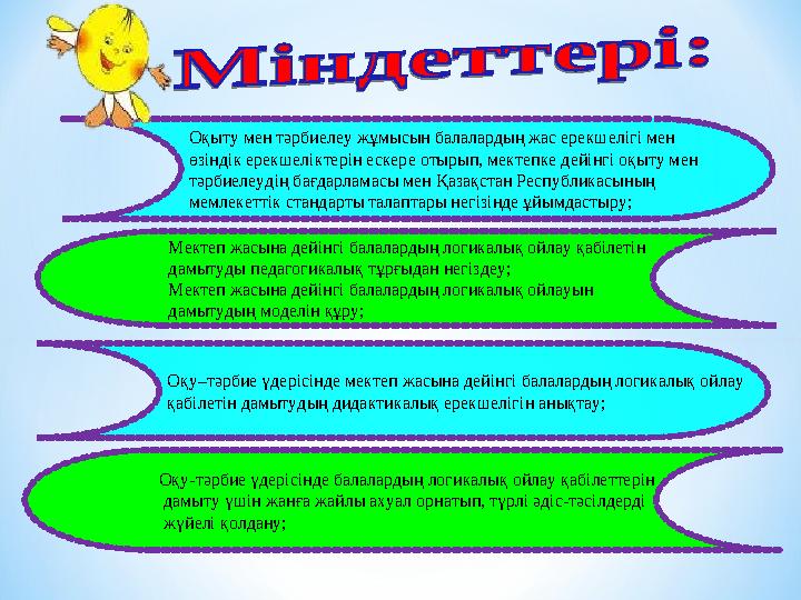 Оқу–тәрбие үдерісінде мектеп жасына дейінгі балалардың логикалық ойлау қабілетін дамытудың дидактикалық ерекшелігін анықтау; М