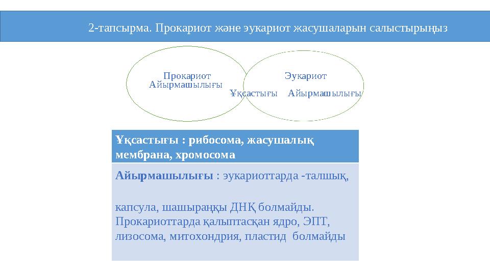 Айырмашылығы Ұқсастығы Айырмашылығы Прокариот Эукариот 2-тапсырма. Прокариот және эукариот жасуш