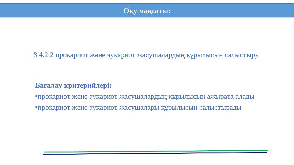 Бағалау критерийлері: •прокариот және эукариот жасушалардың құрылысын ажырата алады •прокариот және эукариот жасушалары құрылыс