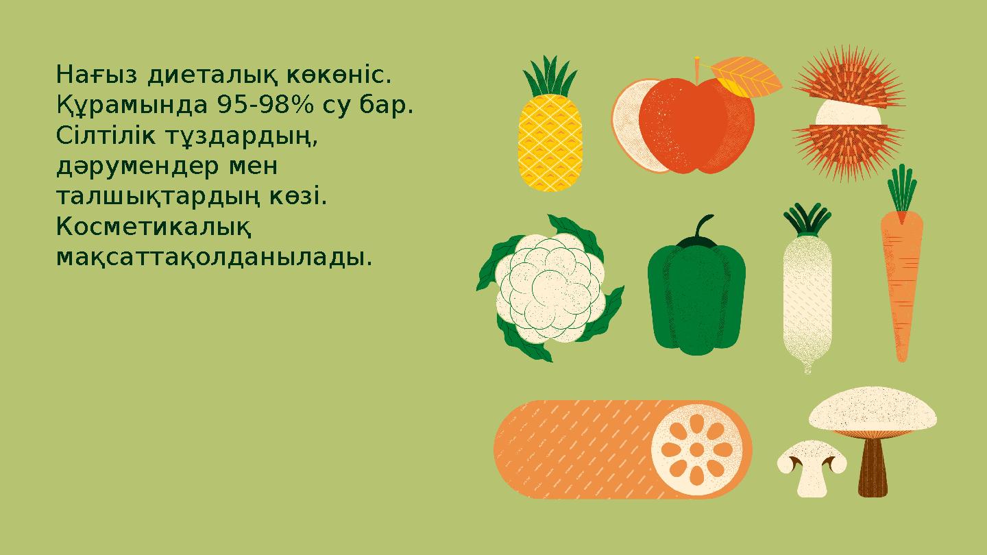 Нағыз диеталық көкөніс. Құрамында 95-98% су бар. Сілтілік тұздардың, дәрумендер мен талшықтардың көзі. Косметикалық мақсат