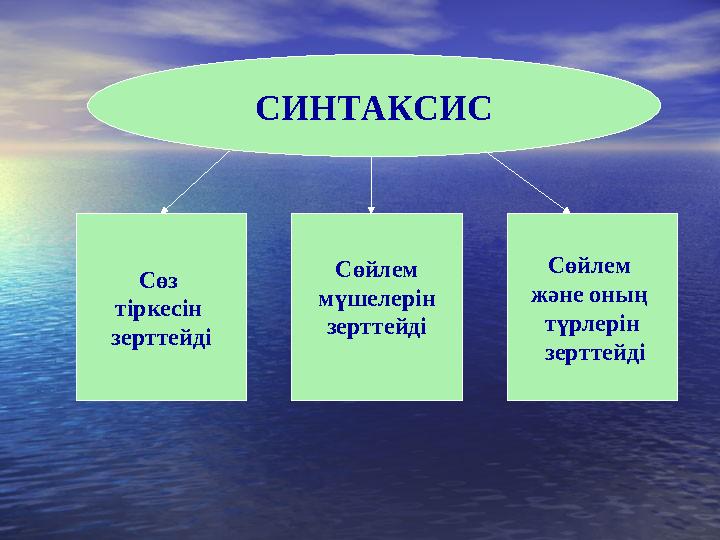 Сөз тіркесін зерттейді Сөйлем мүшелерін зерттейді Сөйлем және оның түрлерін зерттейді СИНТАКСИС