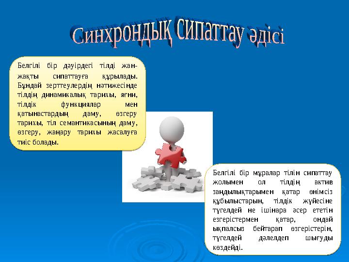 Белгілі бір дәуірдегі тілді жан- жақты сипаттауға құрылады. Бұндай зерттеулердің нәтижесінде тілдің динамикалық тарихы, яғ