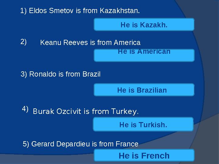 1) Eldos Smetov is from Kazakhstan. He is Kazakh. 2) He is American 3) Ronaldo is from Brazil He is Brazilian 4) He is T