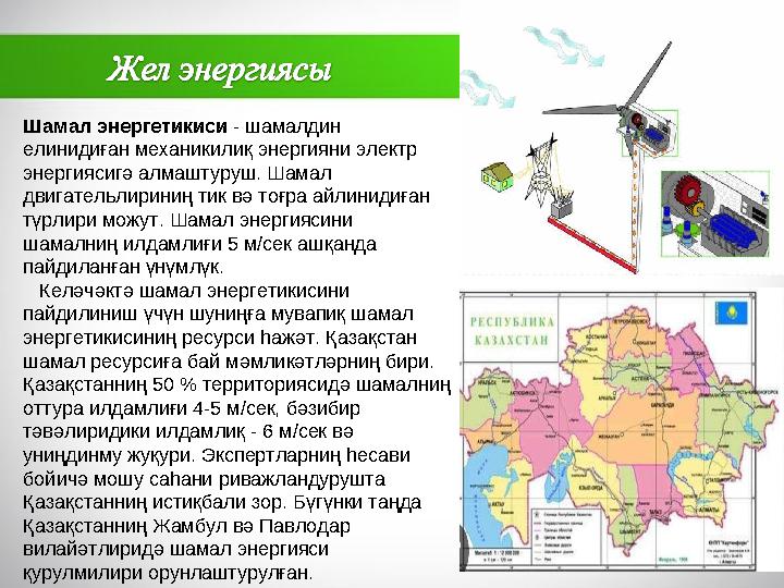 Шамал энергетикиси - шамалдин елинидиған механикилиқ энергияни электр энергиясигә алмаштуруш. Шамал двигательлириниң ти