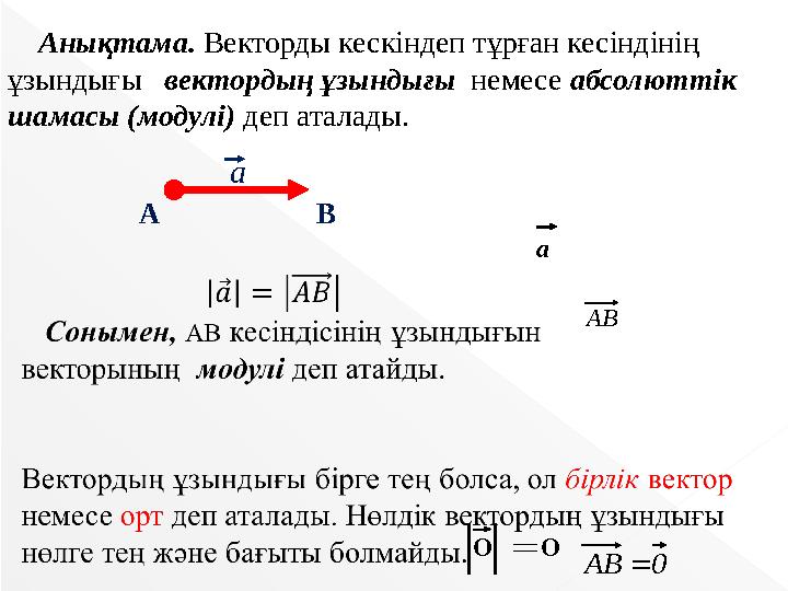 Анықтама. Векторды кескіндеп тұрған кесіндінің ұзындығы вектордың ұзындығы немесе абсолюттік шамасы (модулі) деп атала