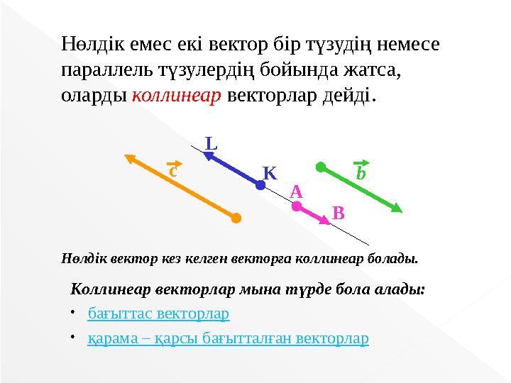 Нөлдік емес екі вектор бір түзудің немесе параллель түзулердің бойында жатса, оларды коллинеар векторлар дейді. с L K b A B