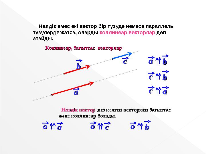 Нөлдік емес екі вектор бір түзуде немесе параллель түзулерде жатса, оларды коллинеар векторлар деп атайды. aa bb cc aabb