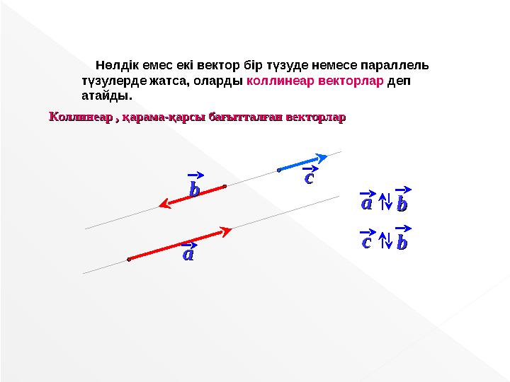 Нөлдік емес екі вектор бір түзуде немесе параллель түзулерде жатса, оларды коллинеар векторлар деп атайды. aa bb cc bbaa