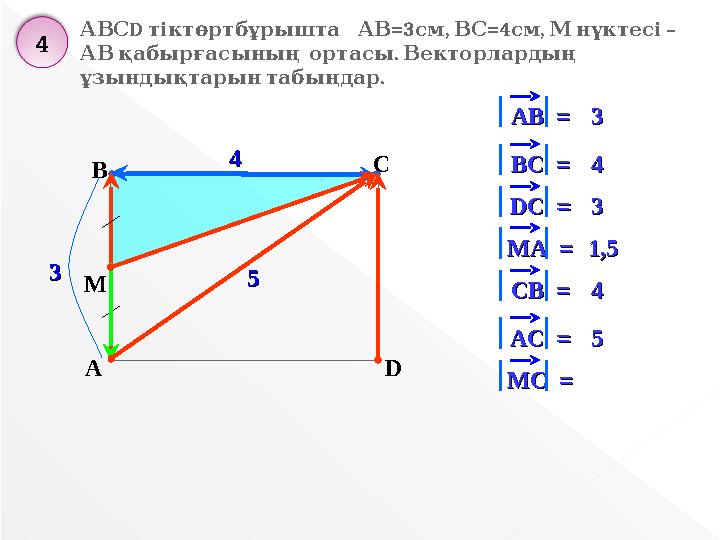 С А В D 44 33 АВАВ = =33 ВВC =C =44 DDСС = =33 MMАА = =1,51,5 СВСВ = =44 АСАС = = 55 55 ММC =C = M АВСD тіктөртбұрышта