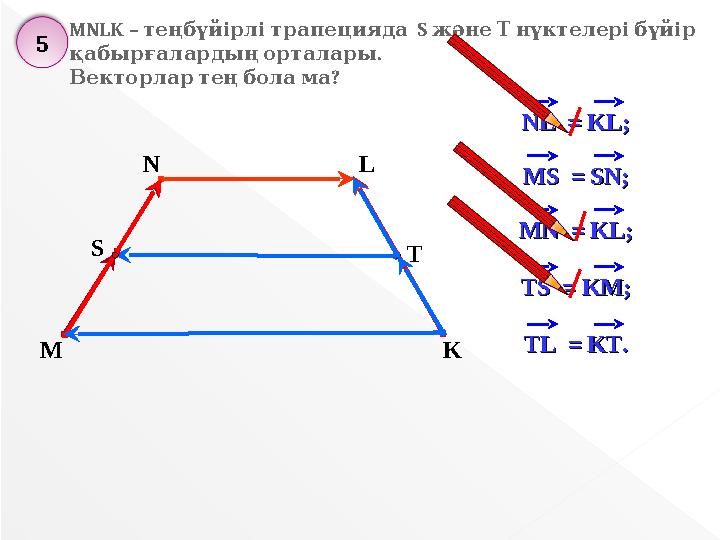 MNLK – теңбүйірлітрапецияда S жәнеТнүктелерібүйір . қабырғалардыңорталары ? Векторлартеңболама M N L K NL = KLNL =