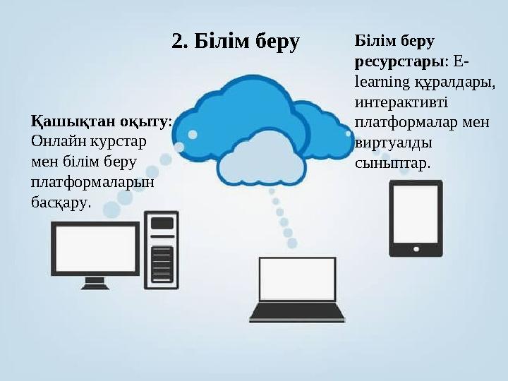 2. Білім беру Қашықтан оқыту: Онлайн курстар мен білім беру платформаларын басқару. Білім беру ресурстары: Е- learning қ