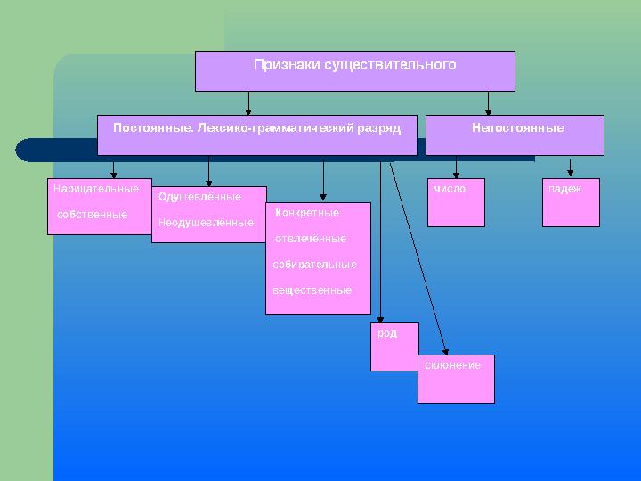 Признаки существительного Постоянные. Лексико-грамматический разряд Непостоянные Одушевлённые Неодушевлённые Конкрет