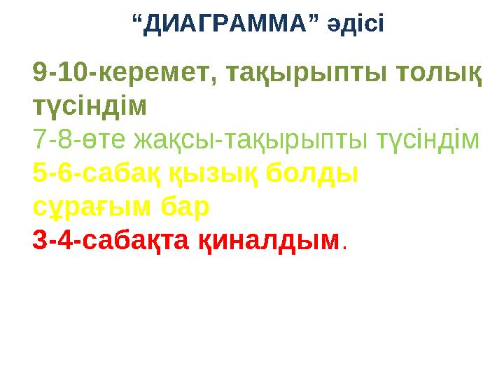 “ДИАГРАММА” әдісі 9-10-керемет, тақырыпты толық түсіндім 7-8-өте жақсы-тақырыпты түсіндім 5-6-сабақ қызық болды сұрағым бар 3-