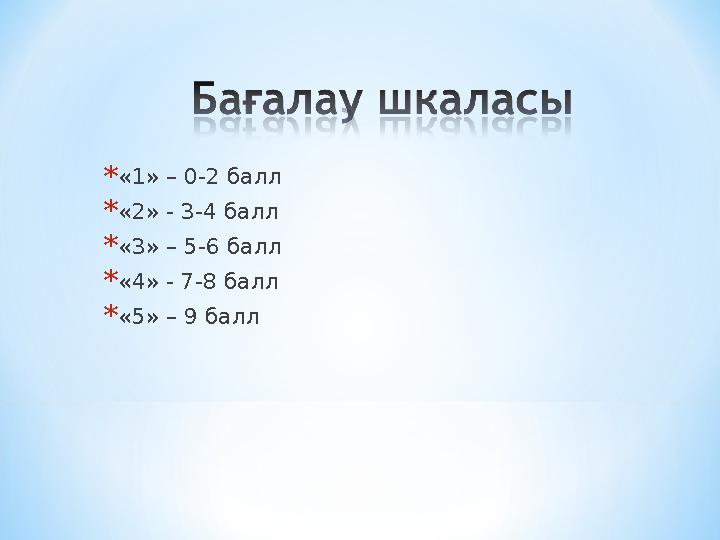 *«1» – 0-2 балл *«2» - 3-4 балл *«3» – 5-6 балл *«4» - 7-8 балл *«5» – 9 балл