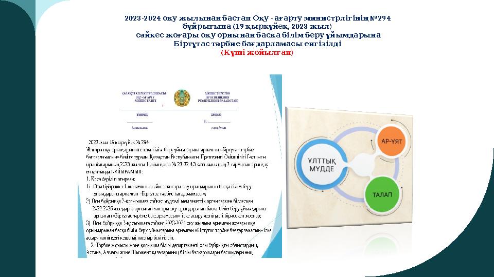 2023-2024 - № оқу жылынан бастап Оқу ағарту министрлігінің 294 (19 , 2023 ) бұйрығына қыркүйек жыл сәйкес жоғары оқу орн