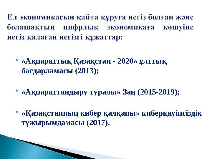 «Ақпараттық Қазақстан - 2020» ұлттық бағдарламасы (2013); «Ақпараттандыру туралы» Заң (2015-2019); «Қазақстанның кибер қалқ «Ақпараттық Қазақстан - 2020» ұлттық бағдарламасы (2013); «Ақпараттандыру туралы» Заң (2015-2019); «Қазақстанның кибер қалқ
