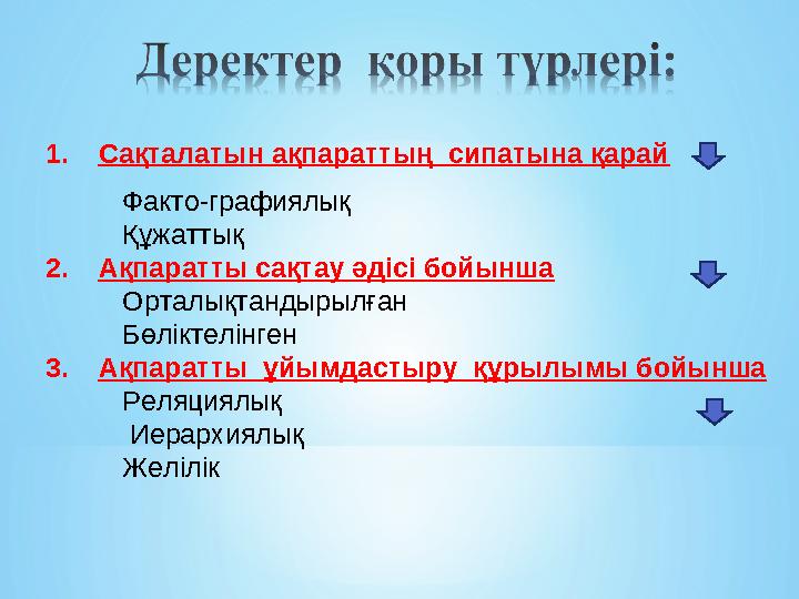 1.Сақталатын ақпараттың сипатына қарай Факто-графиялық Құжаттық 2.Ақпаратты сақтау әдісі бойынша 1.Сақталатын ақпараттың сипатына қарай Факто-графиялық Құжаттық 2.Ақпаратты сақтау әдісі бойынша