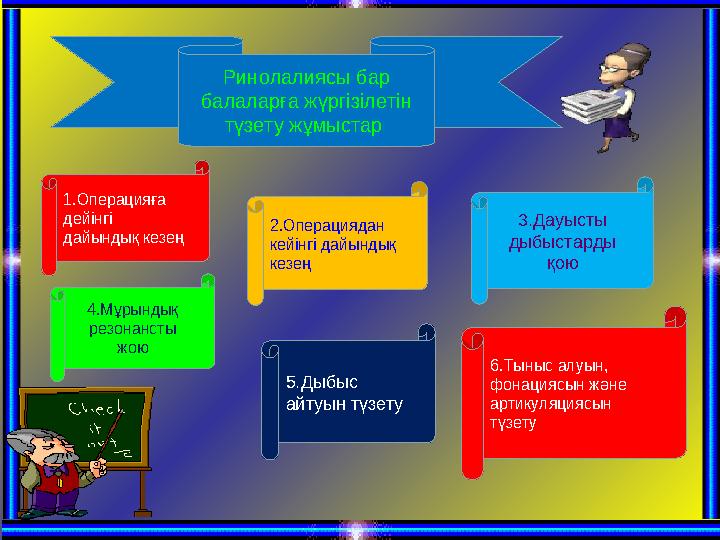 Ринолалиясы бар балаларға жүргізілетін түзету жұмыстар 1.Операцияға дейінгі дайындық кезең 2.Операциядан кейінгі дайындық