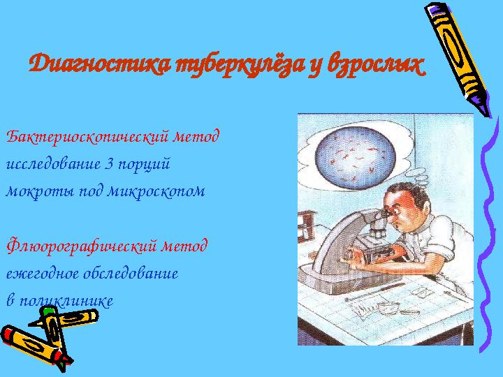 Диагностика туберкулёза у взрослых Бактериоскопический метод исследование 3 порций мокроты под микроскопом Флюорографический