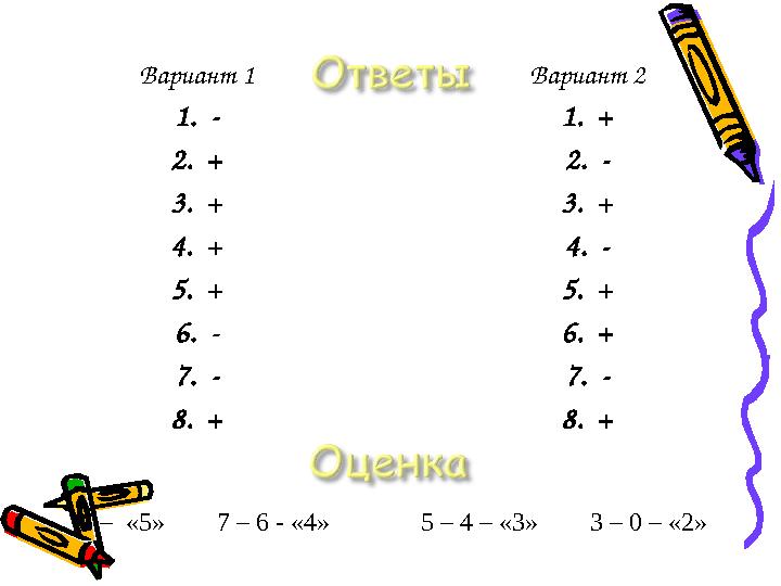 Вариант 2 1.+ 2.- 3.+ 4.- 5.+ 6.+ 7.- 8.+ Вариант 1 1.- 2.+ 3.+ 4.+ 5.+ 6.- 7.- 8.+ 8 – «5» 7 – 6 - «4» 5