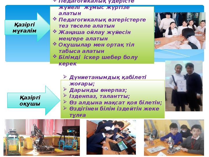 Қазіргі мұғалім Педагогикалық үдерісте жүйелі жұмыс жүргізе алатын Педагогикалық өзгерістерге тез төселе алатын Жаңаша