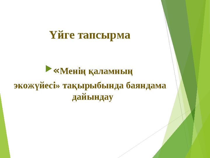 Үйге тапсырма «Менің қаламның экожүйесі» тақырыбында баяндама дайындау