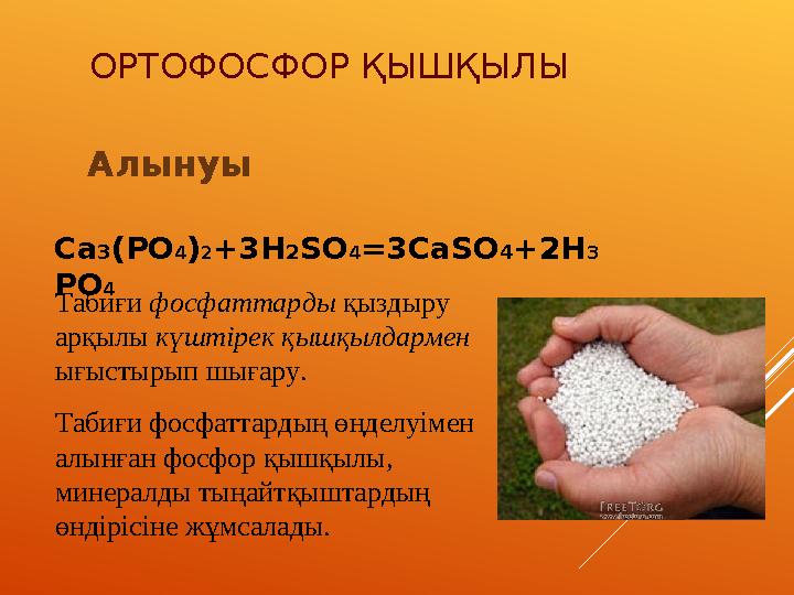 ОРТОФОСФОР ҚЫШҚЫЛЫ Алынуы Ca3(PO4)2+3H2SO4=3CaSO 4+2H3 PO4 Табиғи фосфаттарды қыздыру арқылы күштірек қышқылдармен ығыстыр