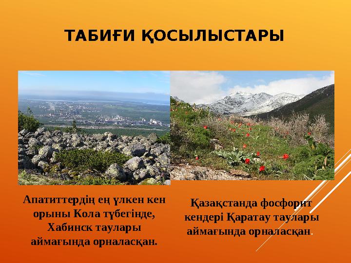 ТАБИҒИ ҚОСЫЛЫСТАРЫ Апатиттердің ең үлкен кен орыны Кола түбегінде, Хабинск таулары аймағында орналасқан. Қазақстанда фосфорит