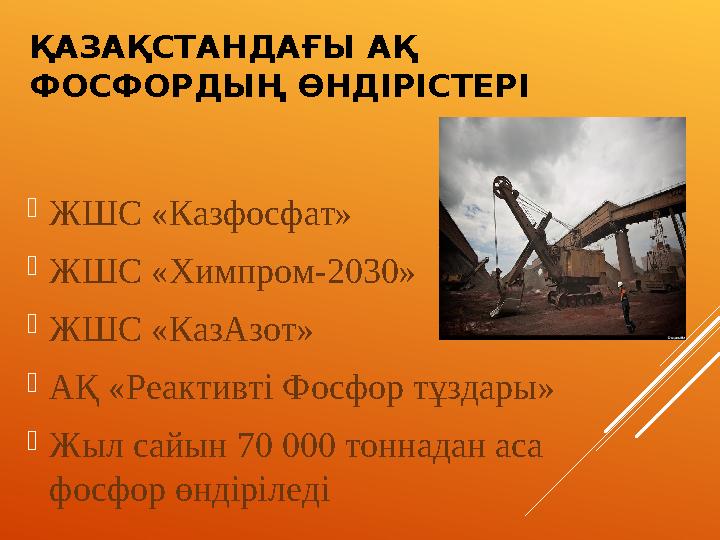 ҚАЗАҚСТАНДАҒЫ АҚ ФОСФОРДЫҢ ӨНДІРІСТЕРІ ЖШС «Казфосфат» ЖШС «Химпром-2030» ЖШС «КазАзот» АҚ «Реактивті Фосфор тұздары» Жыл