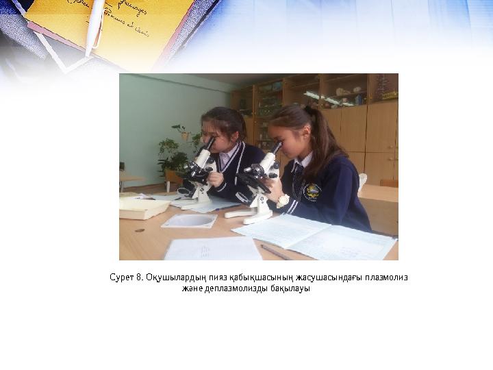 Сурет 8. Оқушылардың пияз қабықшасының жасушасындағы плазмолиз және деплазмолизды бақылауы