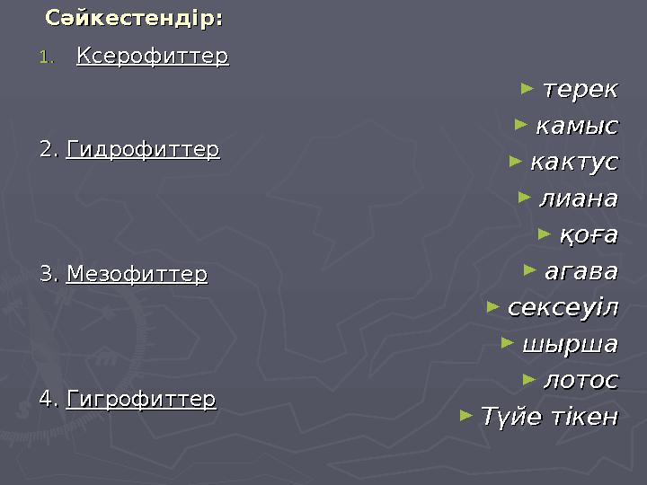 Сәйкестендір: Сәйкестендір: 1.1.КсерофиттерКсерофиттер 2. 2. ГидрофиттерГидрофиттер 3. 3. МезофиттерМезофиттер 4. 4. Гигрофит