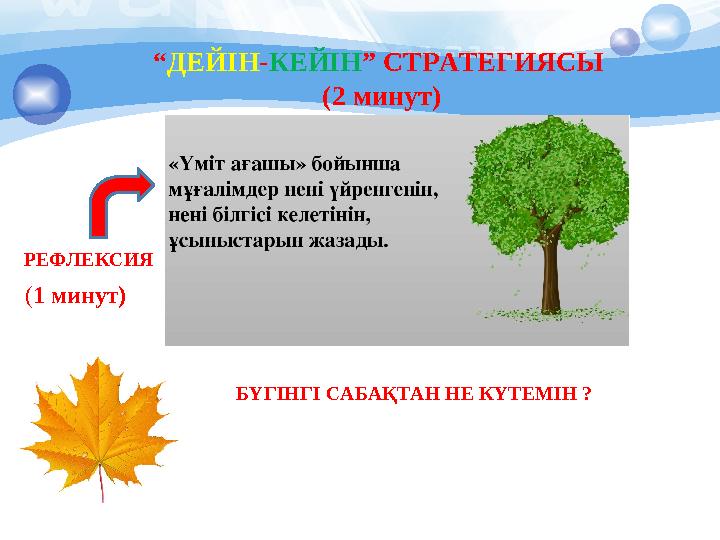 “ДЕЙІН-КЕЙІН” СТРАТЕГИЯСЫ (2 минут) РЕФЛЕКСИЯ БҮГІНГІ САБАҚТАН НЕ КҮТЕМІН ? (1 минут)