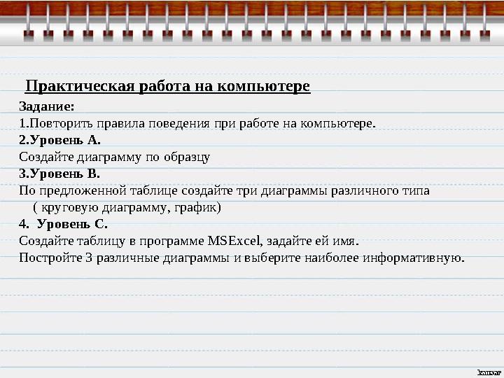 Практическая работа на компьютере Задание: 1.Повторить правила поведения при работе на компьютере. 2.Уровень А. Создайте диагра