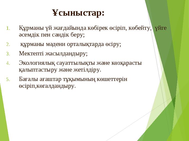 Ұсыныстар: 1.Құрманы үй жағдайында көбірек өсіріп, көбейту, үйге әсемдік пен сәндік беру; 2. құрманы мәдени орталықтар