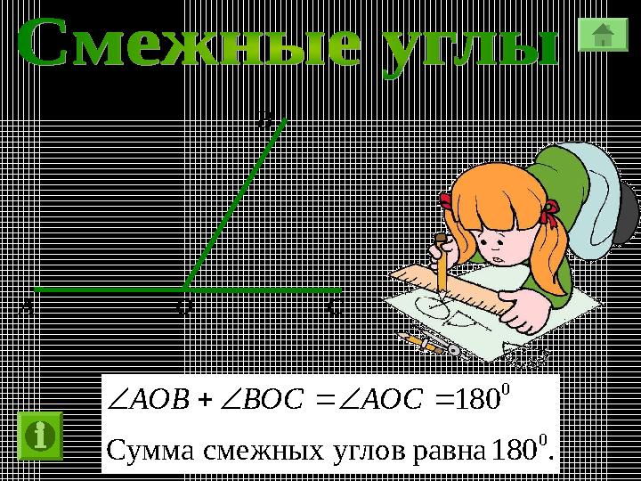 .180 равна угловсмежных Сумма 180 0 0 АОСВОCАОB В А О C .180 равна угловсмежных Сумма 180 0 0 АОСВОCАОB В А О C