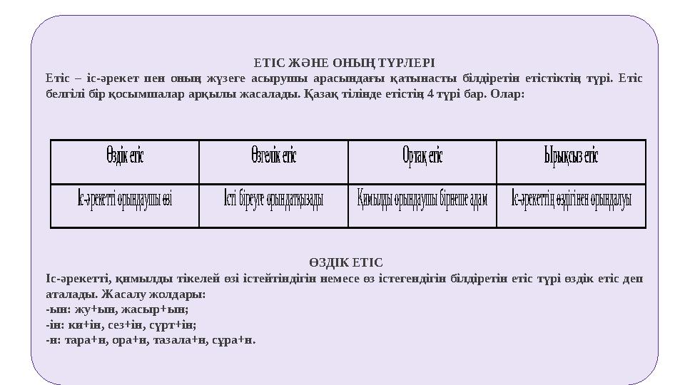 ЕТІС ЖӘНЕ ОНЫҢ ТҮРЛЕРІ Етіс – іс-әрекет пен оның жүзеге асырушы арасындағы қатынасты білдіретін етістіктің түрі. Етіс белгілі б