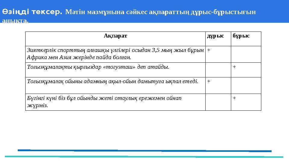 37 Частных детских сада 43 Мини-центра Өзіңді тексер. Мәтін мазмұнына сәйкес ақпараттың дұрыс-бұрыстығын анықта. Ақпарат дұрыс