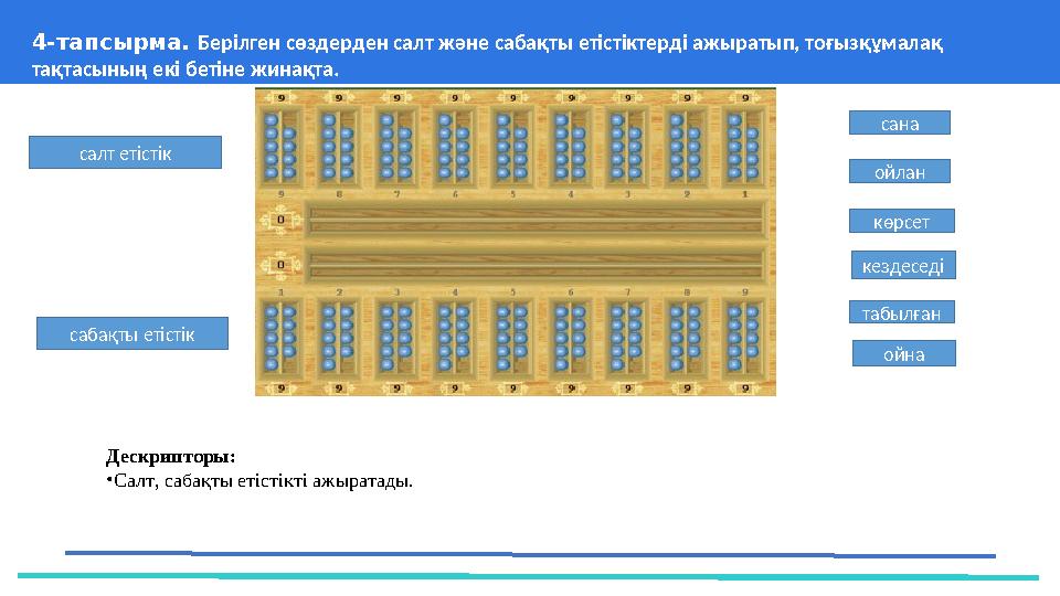 37 Частных детских сада 43 Мини-центра 4-тапсырма. Берілген сөздерден салт және сабақты етістіктерді ажыратып, тоғызқұмалақ та